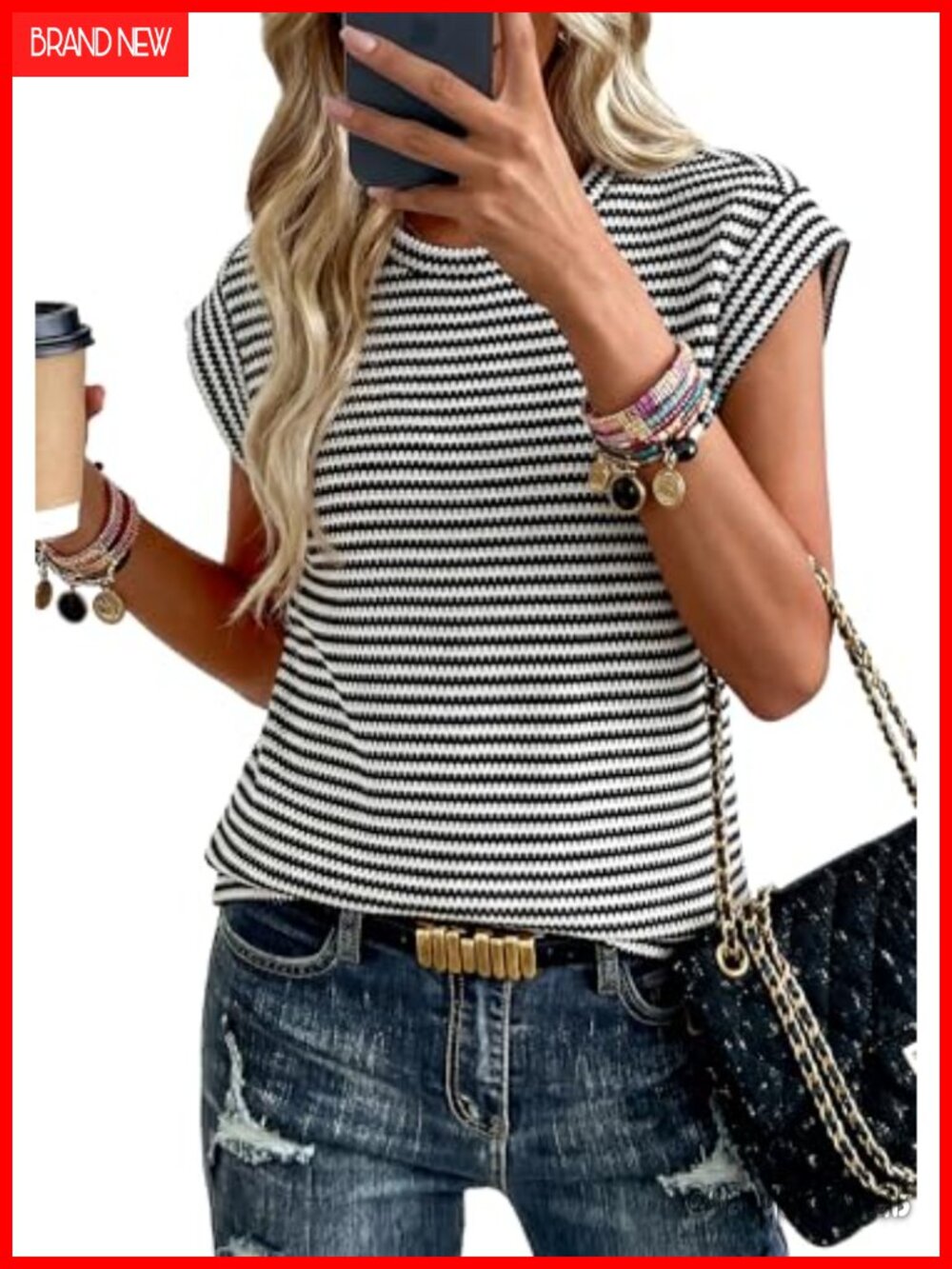 Striped Knit Vest Top Cap Sleeve Crew Neck Tank